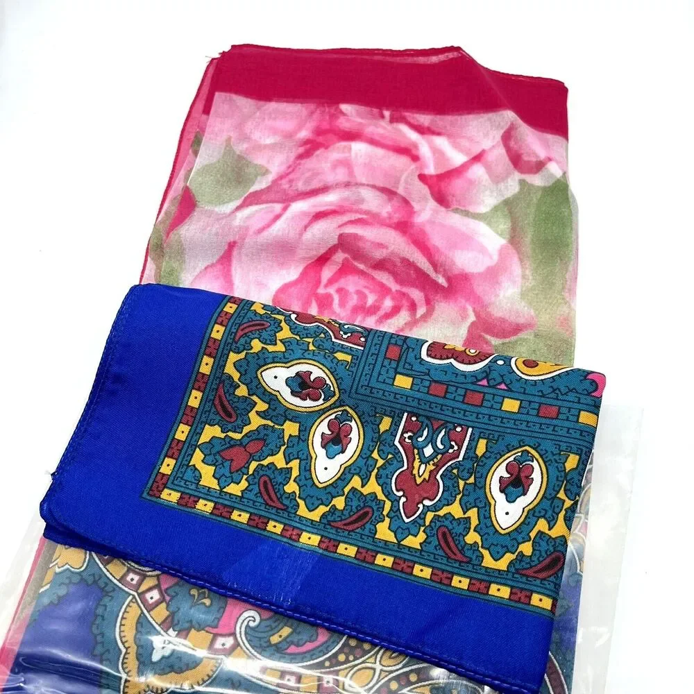 VTG Scarf & Stylish Clip 3 Piece Chiffon Rose & Royal Paisley Floral 30x29 Italy